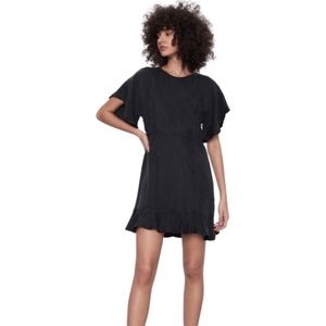 NWT New Zara black satiny flowy dress with short ruffle sleeves